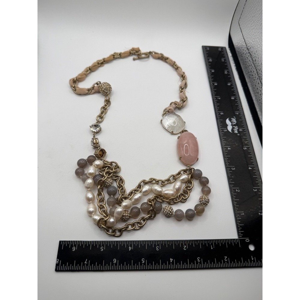 Multi Strand Beaded Statement Necklace Gold Tone Pearl Quartz Style Toggle 20"
